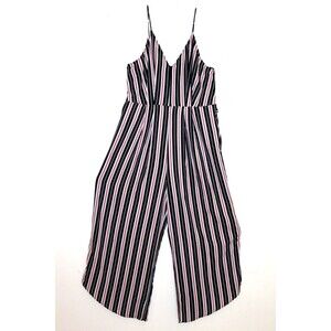 Free Press Women Red Black Stripes Jumpsuit Spaghetti Strap Belt Zip Wide Leg XL